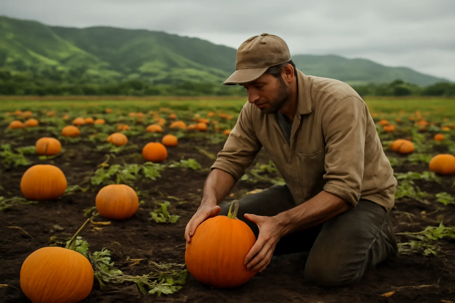 Pumpkins on volcanic soil at a Hawaiian pumpkin patch