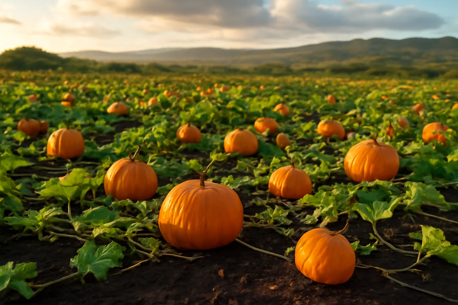 Orange pumpkins on a Hawaii farm field in afternoon light