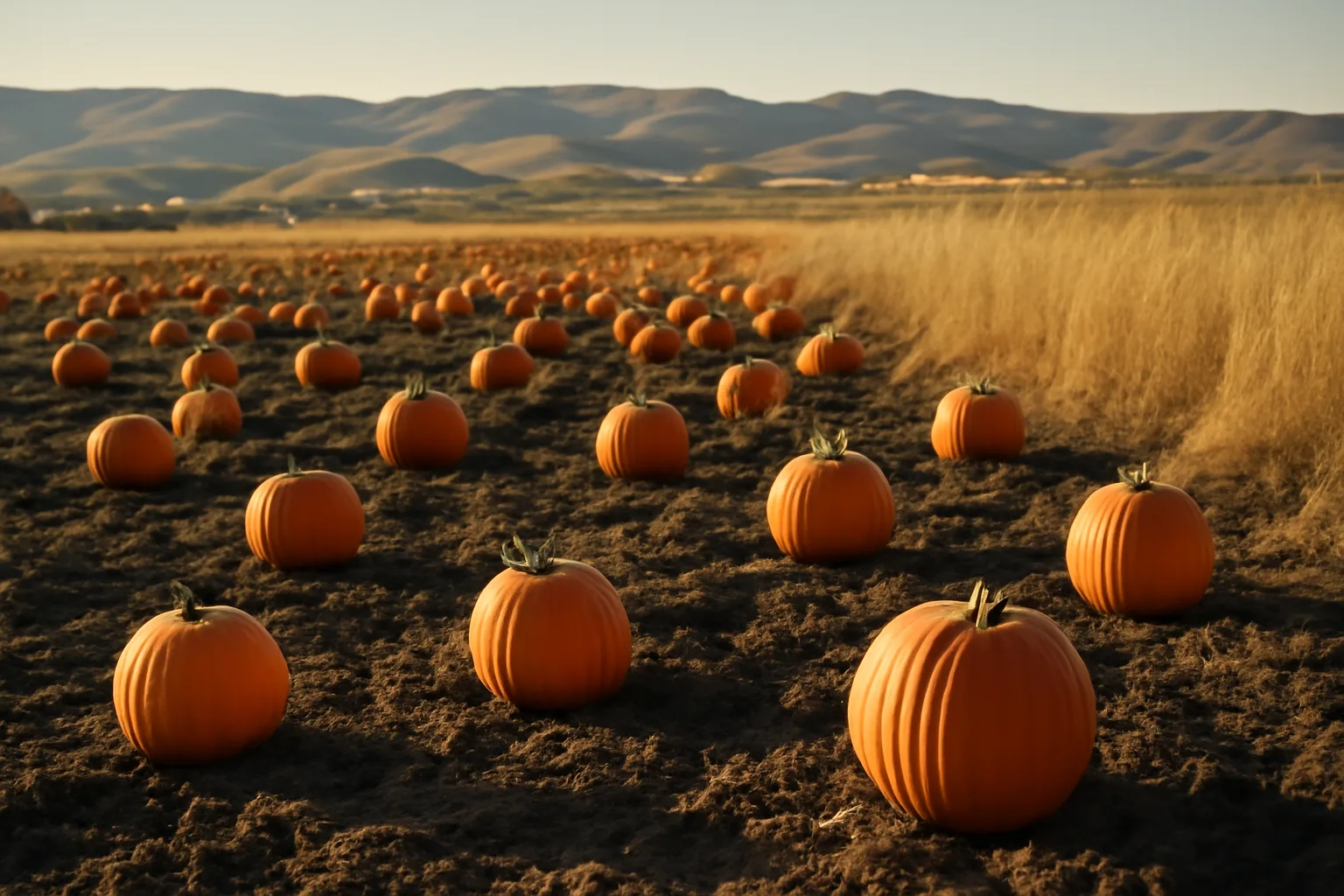 Orange pumpkins in an Idaho field under late afternoon light