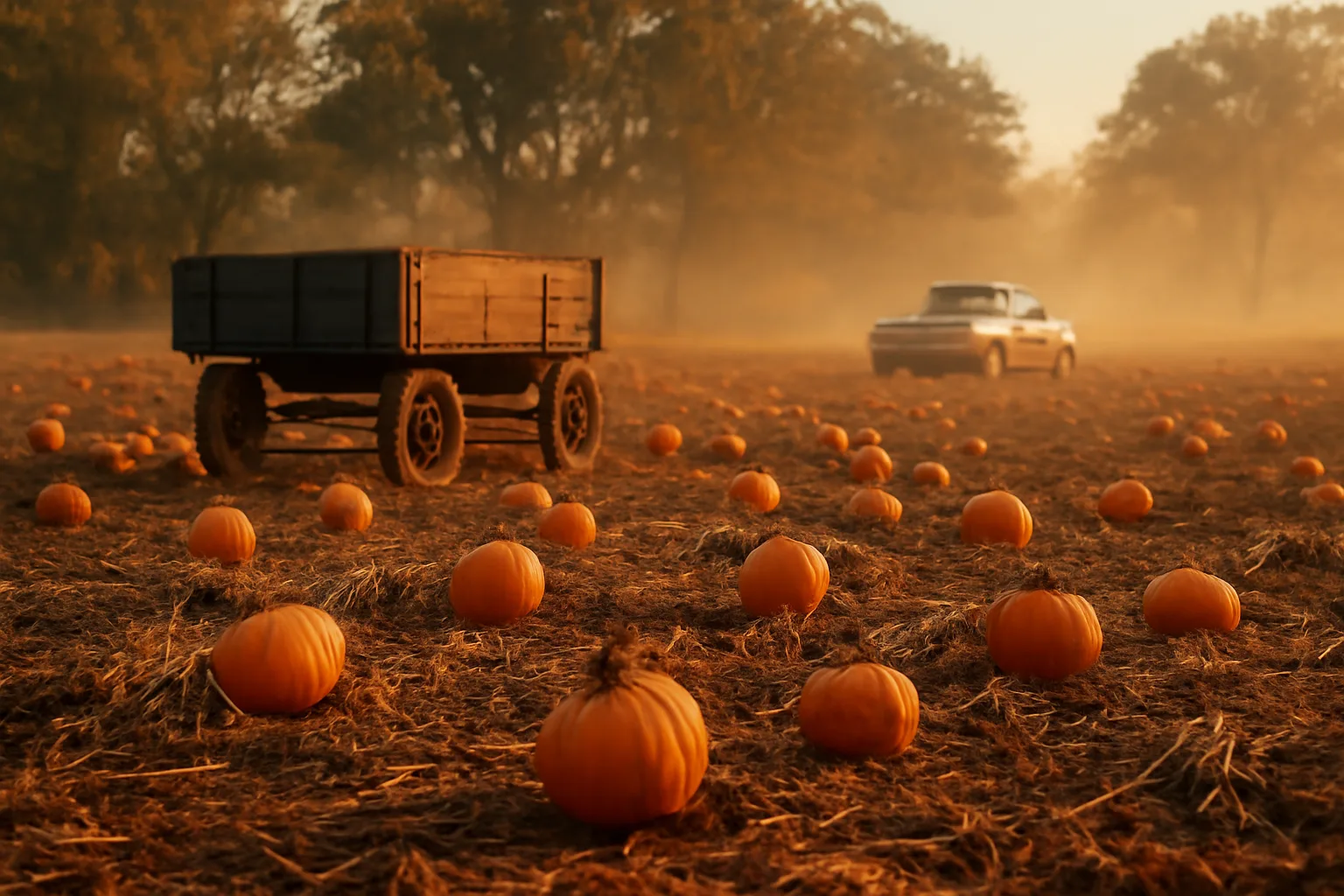 Pumpkin patch fruit on red Georgia clay at dusk