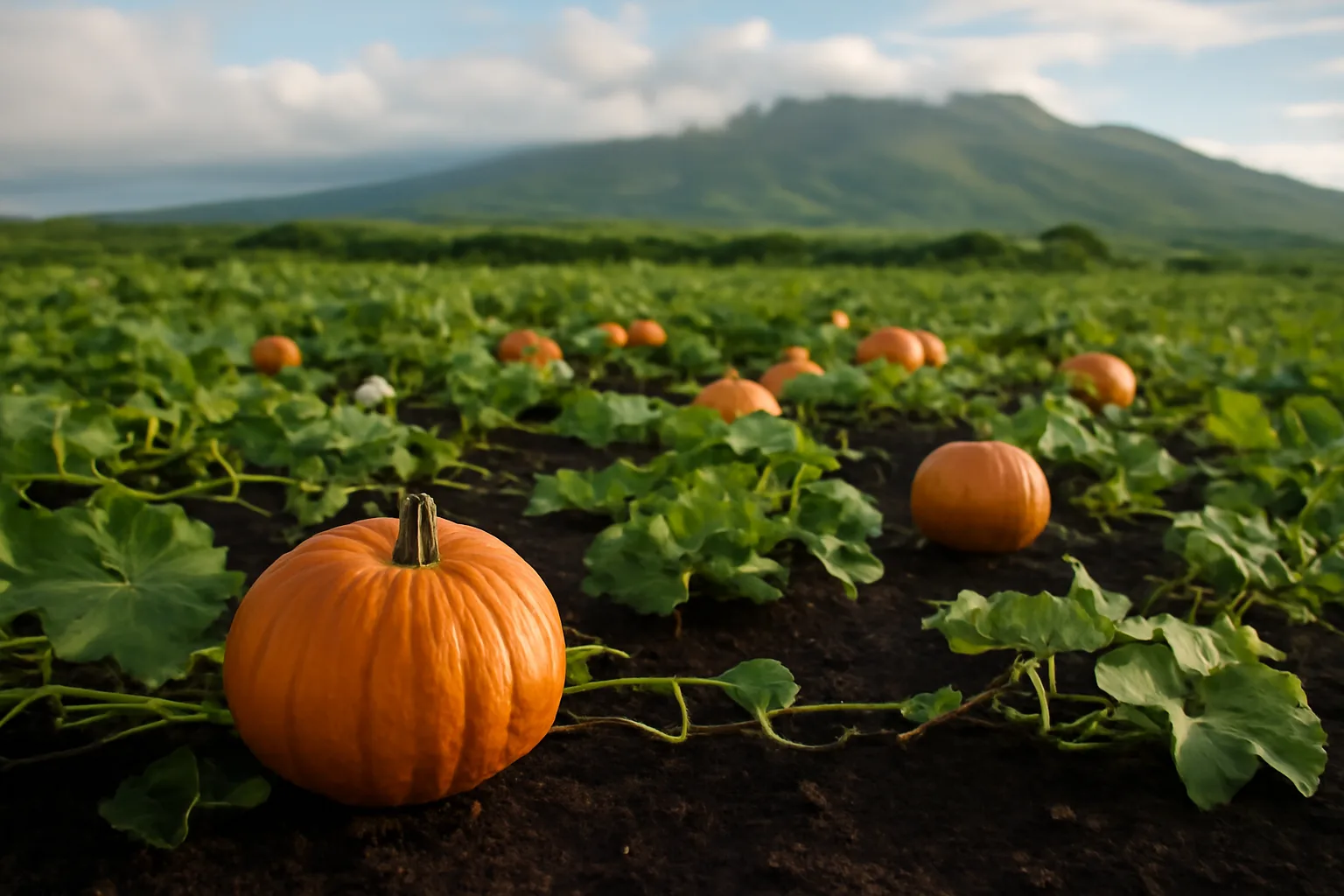 Orange pumpkins on volcanic soil at a Maui pumpkin patch