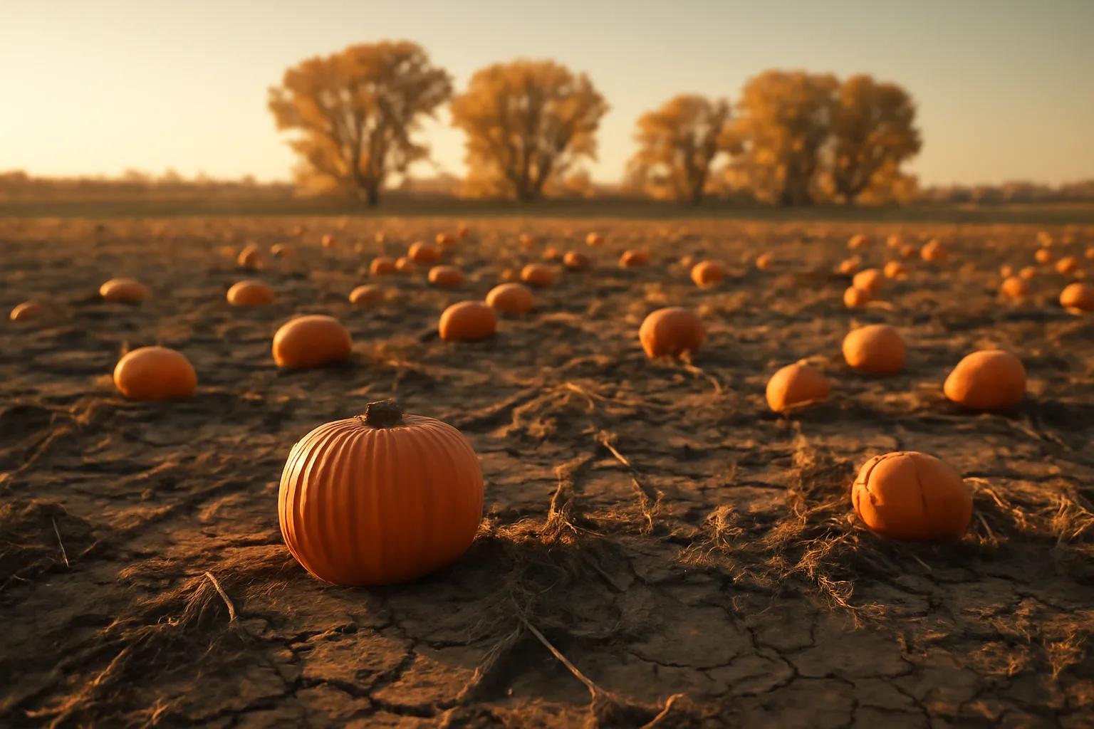 Orange pumpkins on dry vines in an Idaho field at dusk