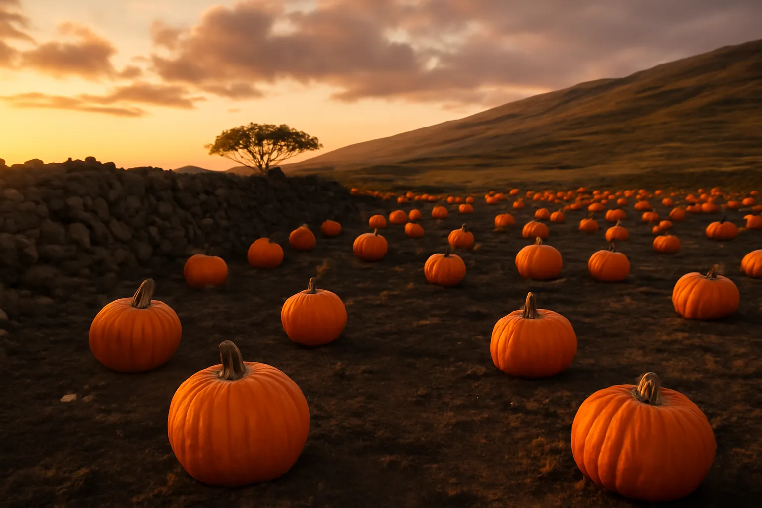 Pumpkin patch fruit in volcanic soil on a Hawaii farm