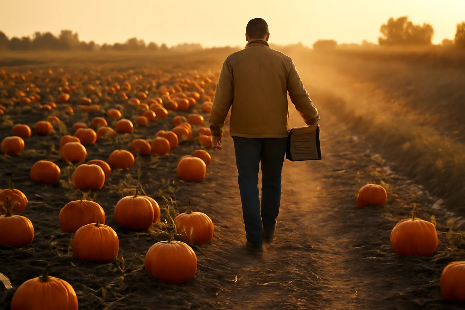 Idaho pumpkin patch field at harvest in late afternoon light