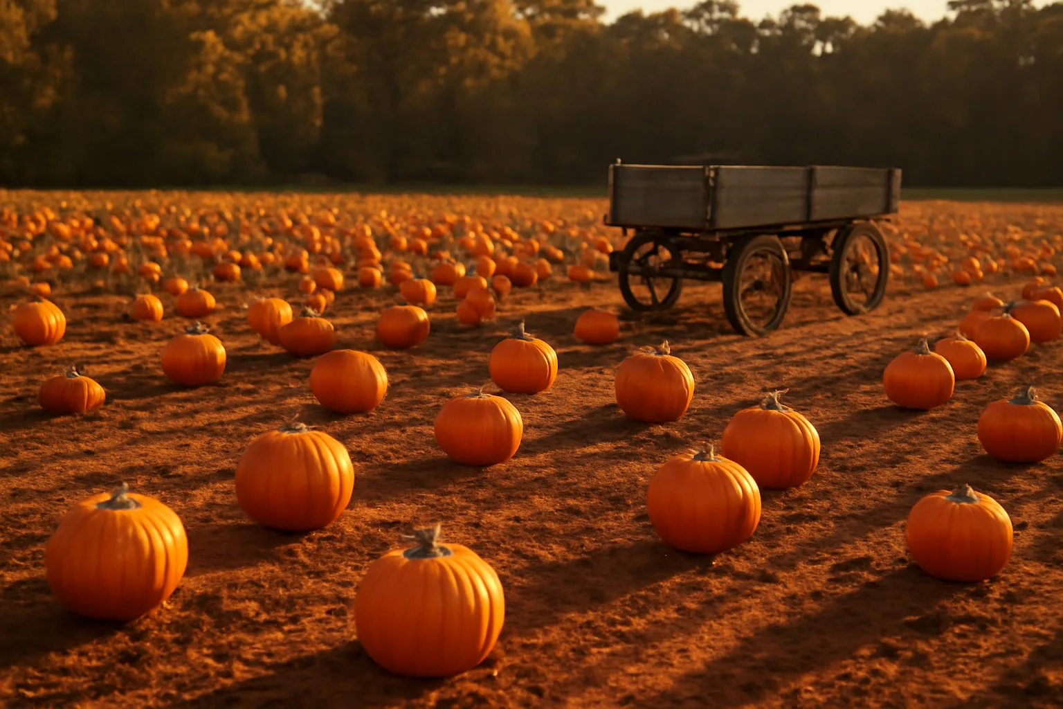 Pumpkins in a Georgia field beside an unpainted wooden wagon