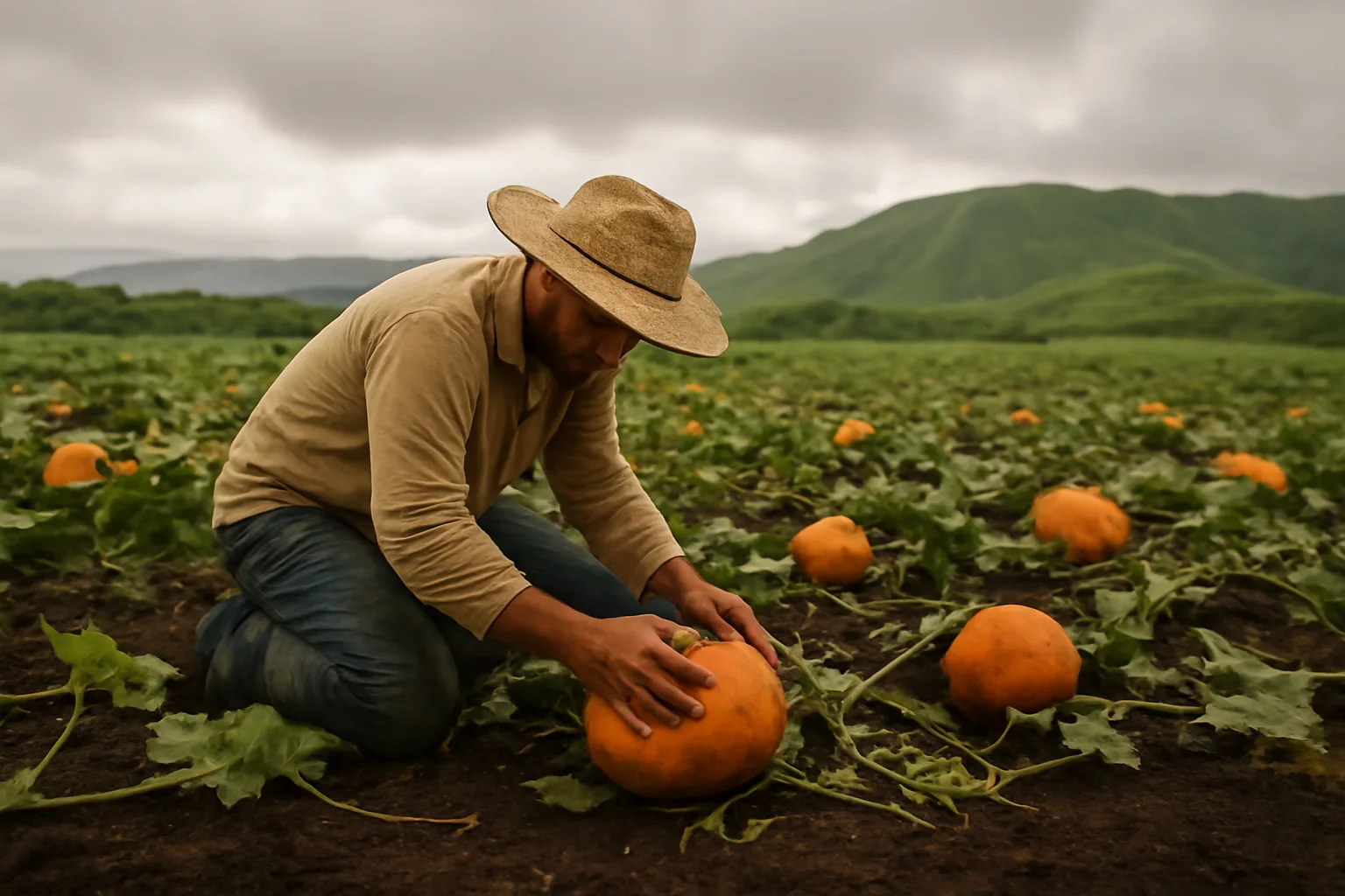 Pumpkins on volcanic soil at an upland Hawaii pumpkin patch